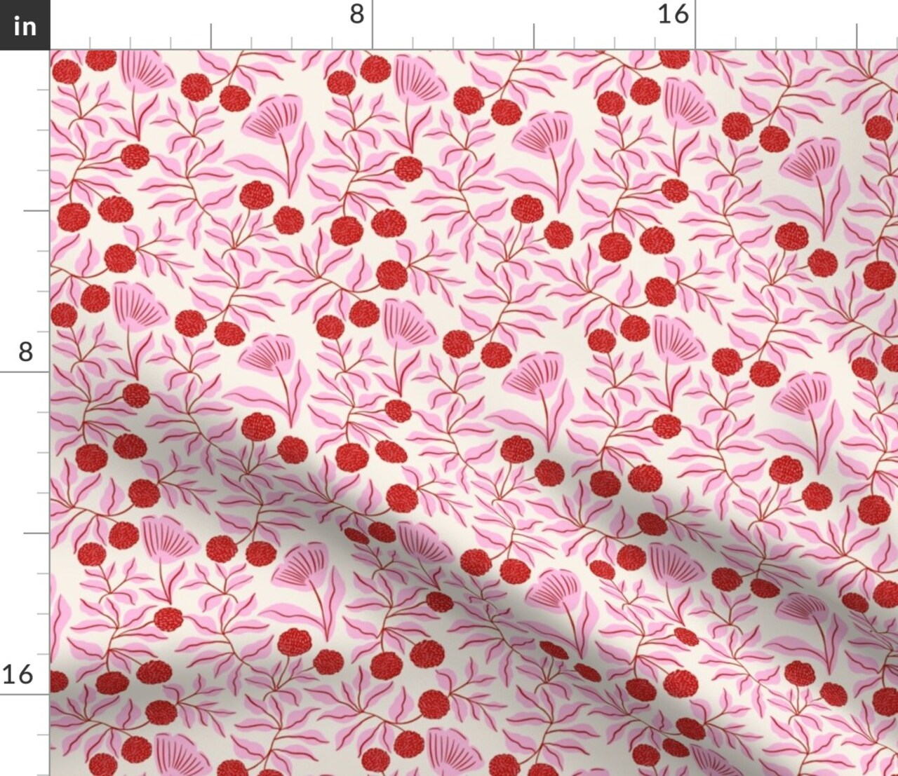 Pink Cream Flowers Leaves Vines Red Floral Valentines Flora Hand Drawn Floral Custom Printed Fabric by Spoonflower Various Fabrics by the Yard or Fat Quarter